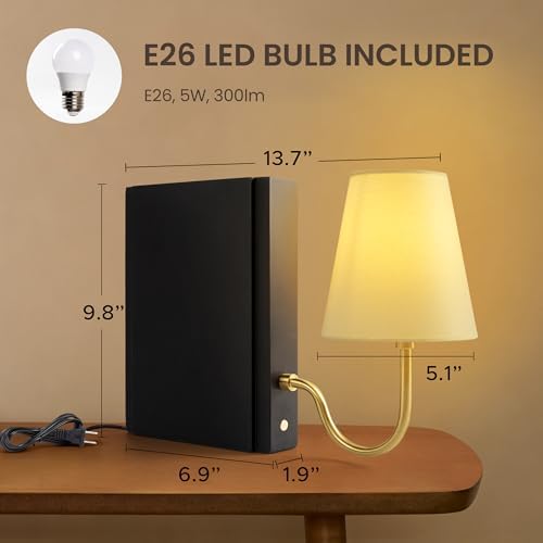 AELS Solid Wood Bookshelf Lamp with Bulb, 3-Color Touch Control Dimmable Table Lamp with Linen Shade, Modern Decorative Bookend Lamp for Bedroom, Office & Bookshelf Decor, Black - Image 2