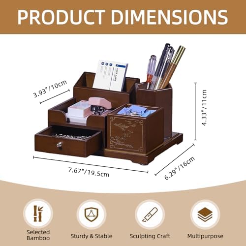 Bamboo Desk Organizer with Drawer, Wood Pen Holder & Card Slot, Brown - Image 3