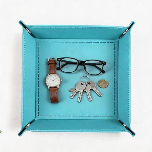 Valet Tray Desktop Storage Organizer – Vegan Leather Catchall Tray Bedside Vanity Tray Nightstand Caddy Holder for Remote Controller, Watch, Keys, Phone, Wallet, Coin, Jewelry, Sky Blue - Image 4