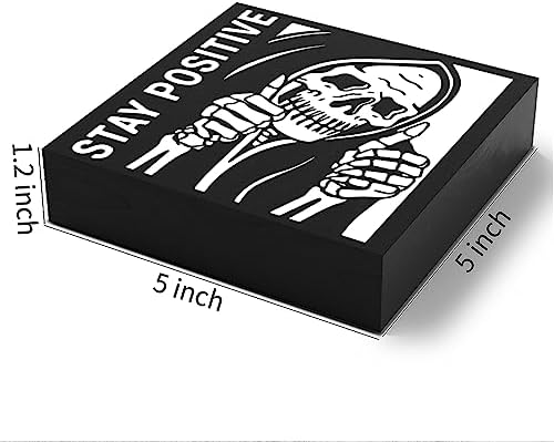 Halloween Decorations, Halloween Decor Indoor Ghost Desk Decor For Men Decorations Inspirational Skeleton Man Wooden Box Sign Plaque Stay Positive Black Wood Box Sign Rustic Art Home Office Shelf Desk - Image 2