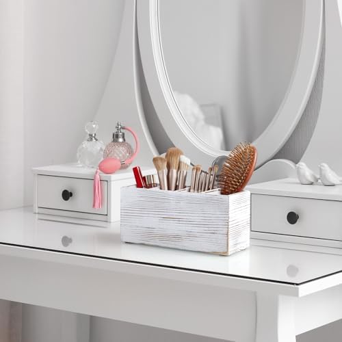 Pencil Pen Holder for Desk, White Washed Wood Office Desk Organizers and Accessories with 4 Slots for Countertop, Makeup Brush Holder Organizer for Bathroom Vanity, Silverware Caddy for Party - Image 5