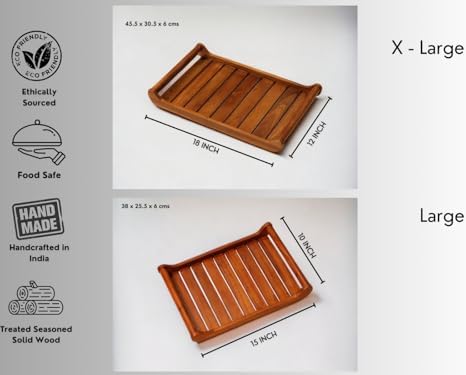 Vesta Homes Set of 2 Romper Teak Wood Rectangular Serving Tray for Home/Kitchen/Restaurant/Office Organizer/Dining Table|Premium Wooden Trays| 18 X 12 ; 15 x 10 inches | Handcrafted in India - Image 2