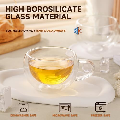 Double Wall Insulated Glass Tea Cups Set of 2, Clear Borosilicate Espresso Shot Cups for Espresso Machine, Glass Teacups Coffee Mugs with Handle for Cappuccino Latte, 7OZ/200ML - Image 4