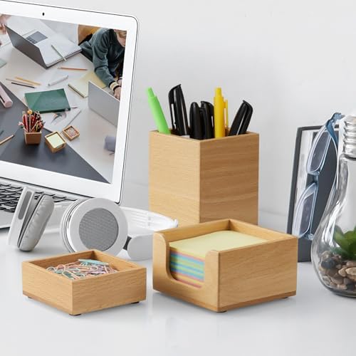 Desk Organizer Set of 3 - Wood Office Desk Accessories - Desk Organizers and Accessories for Women Men - Set incl. Pencil Pen Holder, Paperclip Storage and Sticky Note Holder - Image 6