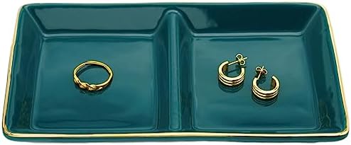 HANKOR Ceramic Jewelry Dish Tray, 2 Compartment Ring Dish, Decorative Trinket Tray for Rings, Earrings, Keys, Birthday Christmas Gifts, Green by HANKOR