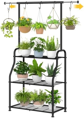 Simple Trending Plant Stand Indoor Outdoor, Heavy Duty Metal 3 Tiered Hanging Plant Shelf for Multiple Flower Planter Holder Tall Large Rack for Living Room Garden Balcony, Black by SimpleTrending
