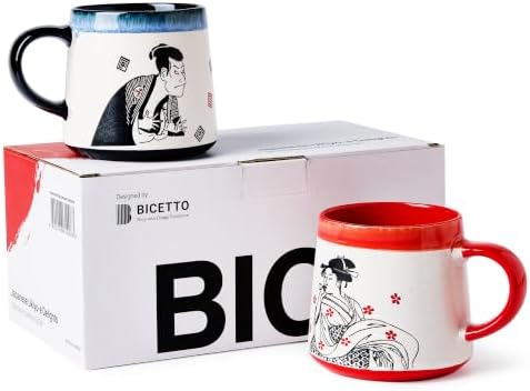 BICETTO Japanese Coffee Mug Set of 2, Ukiyo-e Samurai & Geisha Design, 15oz by ShopwithDesignExcellence
