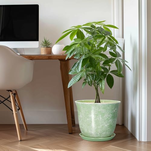 12 Inch Pots for Plants - Ceramic Plant Pots with Drainage Hole and Saucer, Large Round Planter for Indoor Outdoor, Modern Flower Pot, Decorative Planters, Garden Decor, Garden Gifts, Green - Image 3