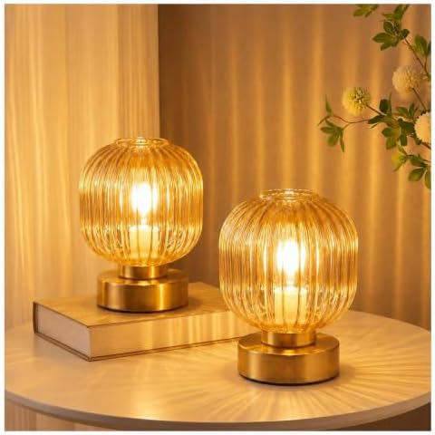 Elenhome Amber Touch Glass Table Lamp Set of 2, 3-Way Dimmable Bedside Lamps, Vintage Mid-Century Modern Nightstand Lamps for Bedroom and Living Room, Ambient Mood Lighting, LED Bulb Included by Elenhome