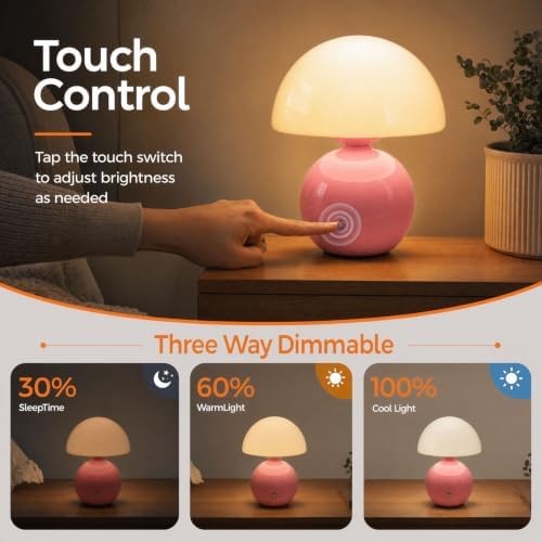 Senzoy Glass/Ceramic Mushroom Table Lamp, Pink Bedside Night Lamp - Image 3