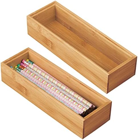mDesign Wooden Bamboo Office Drawer Organizer Box Tray, Stackable Storage for Drawers, Cabinets, Shelves, Cubby, or Desktop, Hold Pens, Pencils, Supplies, Echo Collection, 2 Pack, Natural Wood Finish by mDesign