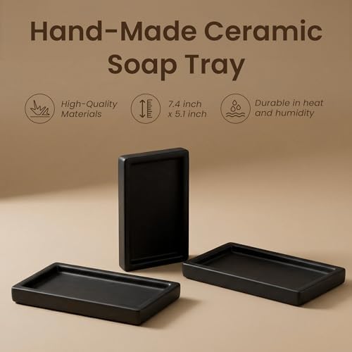 MaisoNovo Black Bathroom Tray Countertop - 7.4x5.1 inch Handcrafted Ceramic Kitchen Tray for Soap Bottles, Perfume, Jewelry - Moisture Resistant - Rectangle Bathroom Dish with 4 Anti-Slip Pads - Image 2