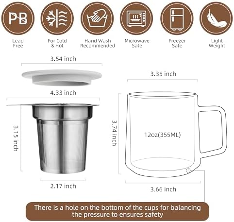 CNGLASS 12oz Double Walled Glass Tea Cup with Stainless Steel Infuser and Lid,Borosilicate Glass Tea Infuser Mug for Loose Tea,Teabag,Set of 1 - Image 2