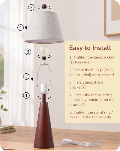 EDISHINE Farmhouse Table Lamp with Tapered Mahogany Wood Base, E26 Socket - Image 5