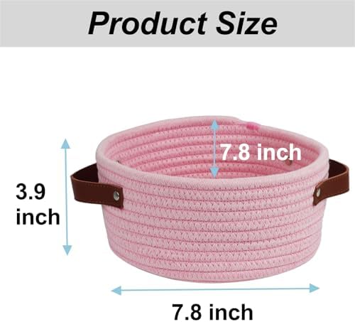 Small Woven Cotton Rope Basket with Leather Handle, Pink - Image 7