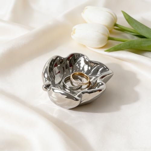 3.5' Silvery Cute Leaves Ceramic Jewelry Tray for Dressing Table - Image 5