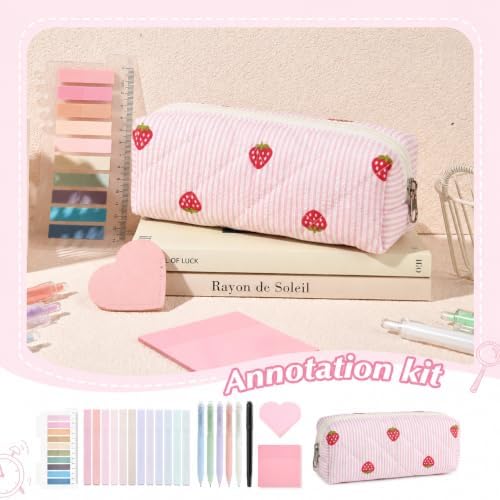 22Pcs Book Annotation Kit Aesthetic Pencil Case with Supplies School Annotation Supplies Gel Pen Transparent Sticky Note Taking Bible Study College Stationery Supplie (Pink Strawberry) - Image 4