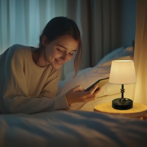 ONEWISH Small Cordless Lamp Dimmable-Battery Operated Table lamp, 4000mAh Rechargeable, Touch Bedside Lamp with White Fabric Shade, 2700K Bulb Included, for Dining, Patio, Bathroom(Black) - Image 5
