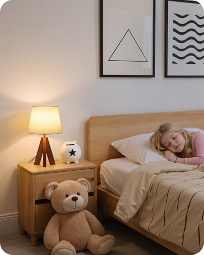 Small Tripod Table Lamps Set of 2, Modern Nightstand Lamp with Fabric Shade, Boho Bedside Wood Desk Light for Bedroom, Kids Room, Living Room, Office, Study, Dark Wood and White, LW51TLP205 - Image 6