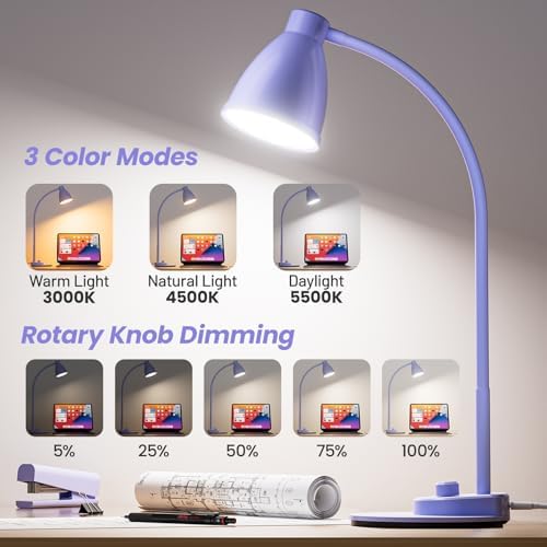 BOHON LED Desk Lamp with USB Charging Port, 3 Color Modes Dim, Lilac Purple - Image 2