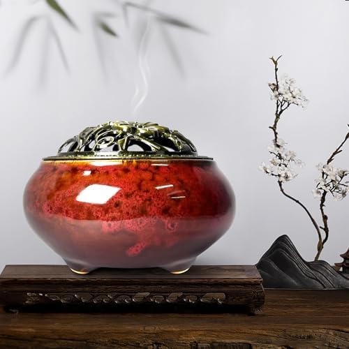 Ceramic Incense Burner, Bowl Burner,Cone Incense Burner with Brass lid for use with Stick or Cone-Shaped Incense，Lotus Incense Stick Holder Calabash Incense Stick Holder, 3pc (Fambe Red) - Image 2