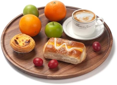 13.8" Round Wood Tray, Acacia Wooden Decorative Serving Tray for Coffee Table and Home Decor, Wooden Appetizer Charcuterie Board for Kitchen Countertop - Image 4