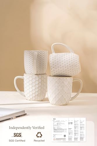 FOBENTA Ceramic Coffee Mugs Set of 4, 12oz Embossed Cups with Elegant Patterns – A Thoughtful Gift for Women, Mom, or Friends,Perfect for Tea, Latte, Cocoa (Arctic White, 12 OZ) - Image 4