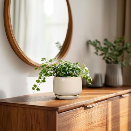 G EPGardening 4 inch Plant Pots - Ceramic Planter with Drainage Hole & Saucer, Small Plant Pots for Indoor Outdoor, Round Succulent Pot, Modern Decorative Flower Pot, Desk Decor, Garden Gifts, Beige - Image 3
