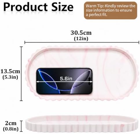 Silicone Bathroom Tray - 12''x5.3'' Oval Vanity Tray for Bathroom Countertop with Scalloped Edge, Elegant Bathroom Holders and Organizers for Toilet Top, Bathtub Caddy, Marble White Pink - Image 2