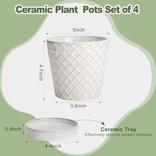EFISPSS Ceramic Plant Pots Indoor, 5 Inch Planters with Drainage Holes and Ceramic Tray, Relief Design Flower Planter, Desktop Office Windowsill Decoration Gift Set of 4, White - Image 2