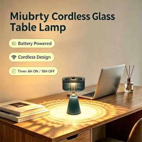 Cordless Glass Table Lamp - Small Battery Operated Lamp with 6H Timer, Vintage Fluted LED Battery Powered Lamps, Teal Glam Accent Nightstand Light for Bedroom, Bathroom, Patio (Teal+Small) - Image 3