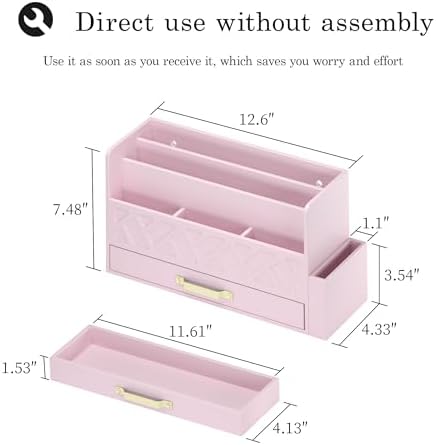 Wisuce Bamboo Mail Organizer Countertop with Drawer and Pen Holder, Pink - Image 7