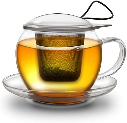 Creano Jumbo Tea Cup with Handle and Integrated Stainless Steel Strainer, Glass lid and Saucer - 15oz (450ml) - Image 7