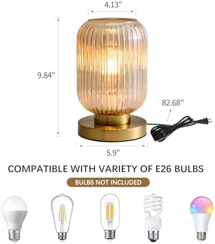 Amber Glass Table Lamp,Vintage Gold Base Ribbed Bedside Lamp - Image 3