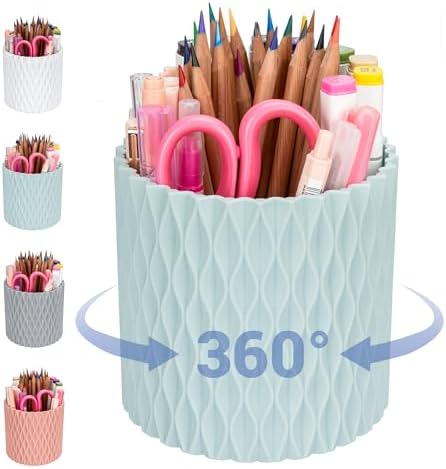 Pencil Holder - 360° Rotation, 5 Slot Desk Supplies For Women Office Aesthetic. Pen Holder For Office&School, Desk Accessories(Blue) by 4Johor
