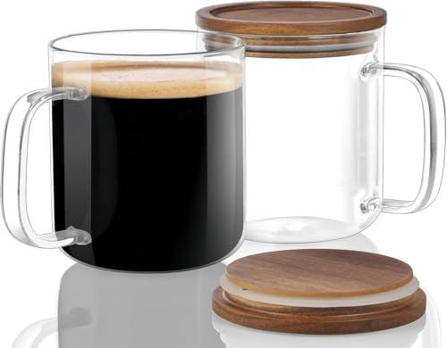 DRASTAR Glass Coffee Mugs,Clear Coffee Cups, Coffee Mug with Acacia Wood Lid, Tea Glass Cups with Handles, Large Coffee Mug Set of 2, Glass Coffee Cups for Latte, Espresso, Tea (2, 16 oz) by EnhanceYourDailyLife