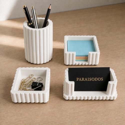 Concrete Desk Organizer Set of 4, Modern Desk Accessories, White by Unknown