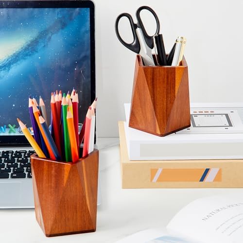 Henoyso 2 Pcs Acacia Wood Geometric Pen Holder Pencil Cup Office Desk - Image 6