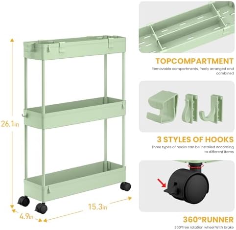 SPACELEAD Slim Storage Cart 3 Tier,Bathroom Organizer Rolling Utility,Mobile Shelving Unit Slide Out for Office, Kitchen, Laundry Room & Narrow Places，Green - Image 3