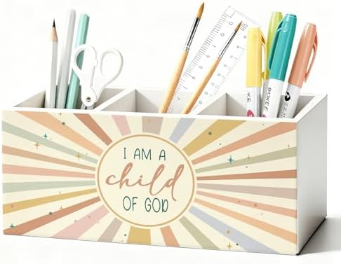 Boho Sunshine Christian Pen Holder, Christian Gifts Pencil Holder for Desk, I Am a Child of God Bible Verse Wooden Box Sign Decorations for Kids Nursery Room Bedroom Classroom Desk Tabletop by Unknown