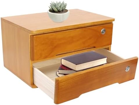 2-Tier Desktop Storage Box with Lockable Drawer, Wooden Desk Organizer for Office Supplies, Flat File Cabinet, Minimalist Design for Home & Office Use(Wooden+Yellow) by Unknown