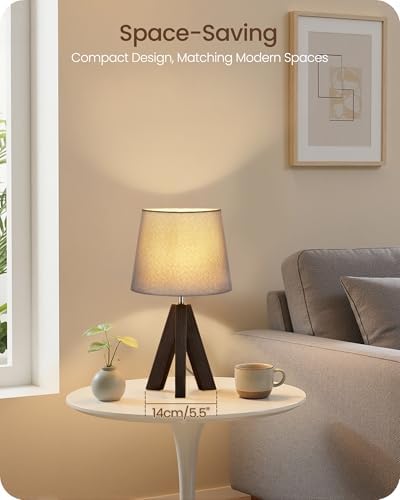 Tripod Table Lamp, 14.6" Small Bedside Lamp, Modern Nightstand Lamp with Gray Shade & Dark Walnut Base, Boho Desk Lamp for Bedroom, Kids Room, Living Room, Study, E26 Socket, VH51TL05 - Image 2