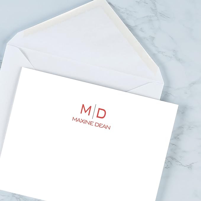 Thin Line Monogram Personalized Note Cards (4 Color Choices) - 24 Cards with White Envelopes, 4¼ x 5½ Inch Size, Blank Inside, Add a Name and Initial, For Thank You Notes, or Graduation Gifts