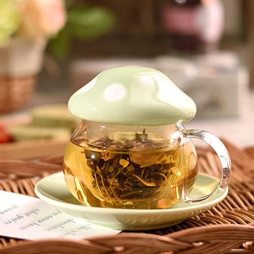 Glass Mushroom Shape Teacup Saucer Set Coffee Mug with Filter Cup - Image 3