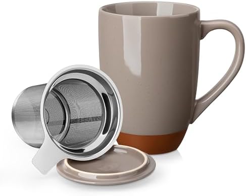 MALACASA Ceramic 18 oz Tea Mug with Lid and Infuser, Khaki Brown by MALACASA