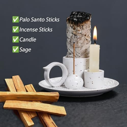 4 in 1 Ceramic Incense Burner Holder with Handle for Burning Sage, Palo Santo Stick, Joss Sticks, Candle in Your New House, Office, Yoga, Meditation Room (White) - Image 2