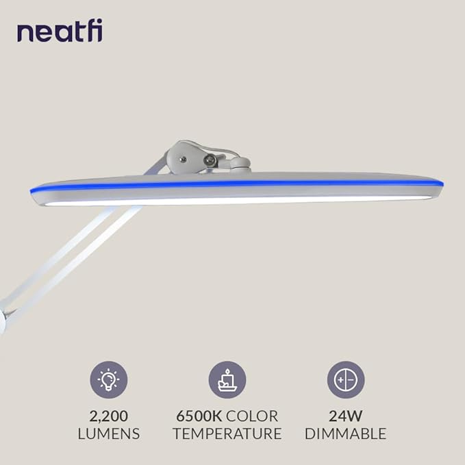 Neatfi XL 2,200 Lumens LED Task Lamp, 24W, 117 Pcs SMD LED, 23 Inches Ultra Wide Lamp, 4 Level Brightness Dimmable, Eye-Caring Light, Glare Free (Non-CCT with Base, White)
