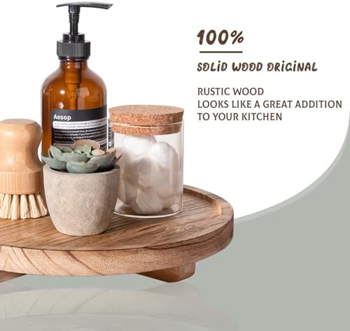 Round Decorative Tray Wood Bathroom Counter Organizer Farmhouse Kitchen Decor Wooden Riser for Soap Dish, Perfume, Candle, Sponge, 10" - Brown (Pack of 2) - Image 4
