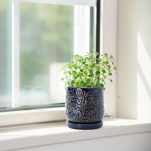 D'vine Dev Embossed Leaves Ceramic Planter, 4 in, Midnight Blue, 27-A-Z-3 - Image 6