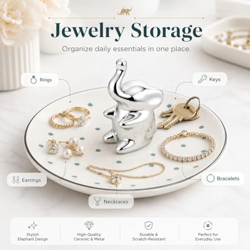 Ring Holder Jewelry Dish Elephant Ceramic Trinket Tray for Rings Earrings Necklace Bracelet Keys, Silver Elephant Jewelry Organizer Dish for Vanity Nightstand Bathroom Countertop - Image 3